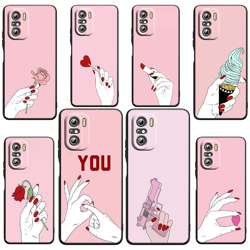 

Cartoon Red Nails Girl Hand For Xiaomi Redmi Note 12 Turbo 11E 11S 11 11T 10 10S 9 9T 9S Pro Plus 5G Black Phone Case