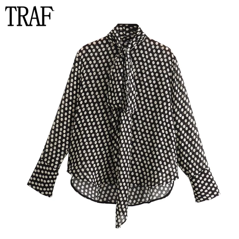 

TRAF 2023 Polka Dot Shirts for Women Black Chiffon Blouse Female Tied Button up Shirt Women Long Sleeve Shirts and Blouses Woman