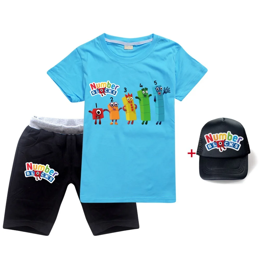 New Summer Toddler Girls Number Blocks Clothes 2pcs Outfits Kids Clothes Girl Tracksuit Suit For boys Children Clothing Sets+cap