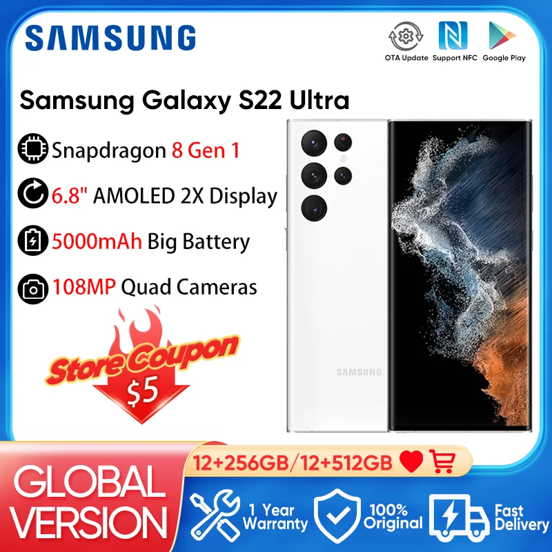 

2022 Samsung Galaxy S22 Ultra Smartphone Qualcomm SM-S9080 Snapdragon 8 Gen 1 Android 12 Phone 6.8" AMOLED 2X Display Cell Phone