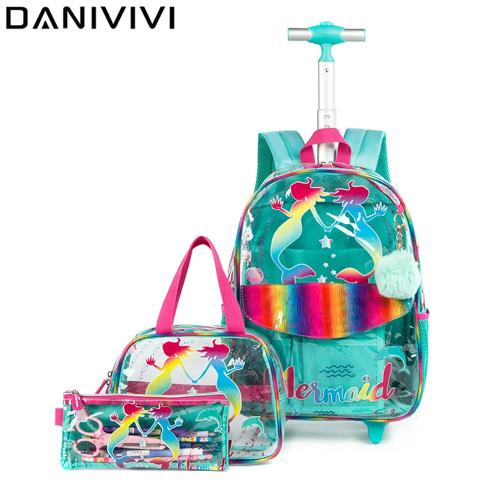Fashion Mermaid Pattern Toddler Backpack Wheeled Bag Kawaii Kids Bags for Girls 3 IN 1 Sets Schoolbag with Lunch Box Pencil Case