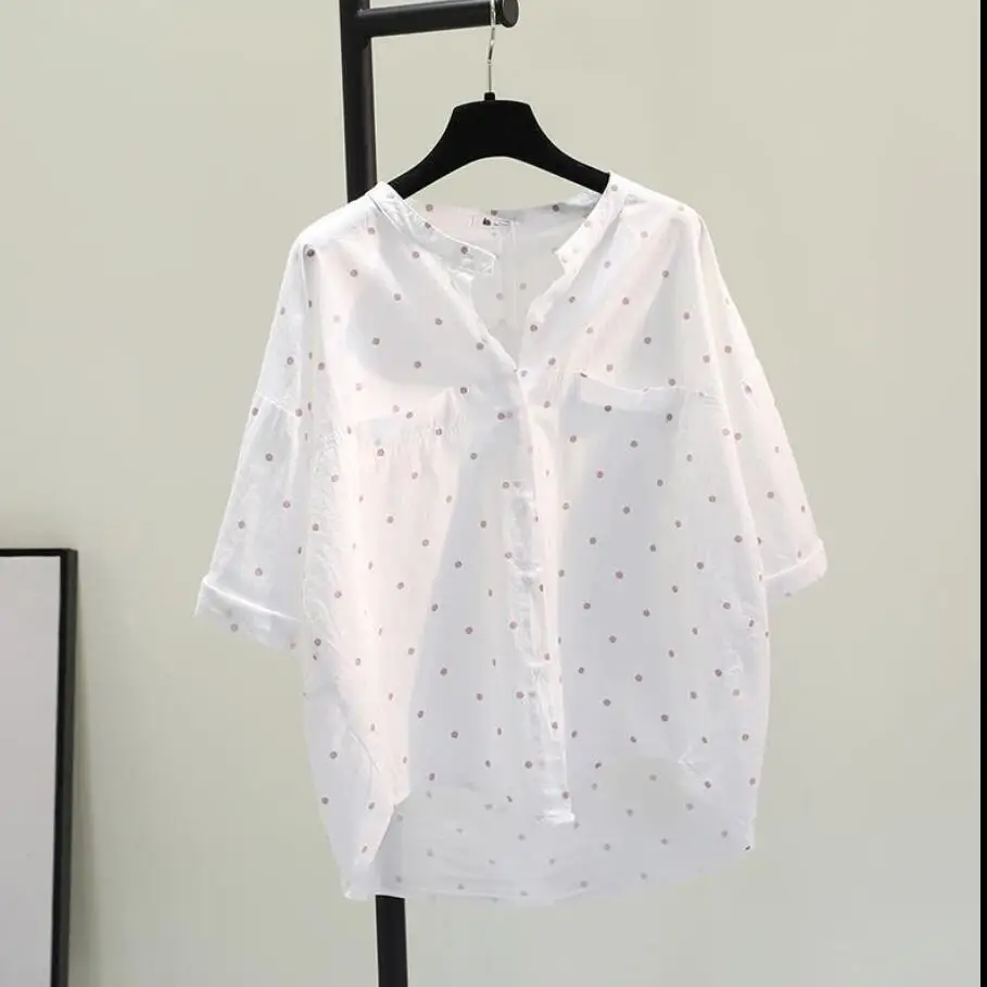 

Белая хлопковая блузка в горошек, женские весенне-осенние белые рубашки, Корейская Повседневная рубашка на пуговицах, Женские повседневные...