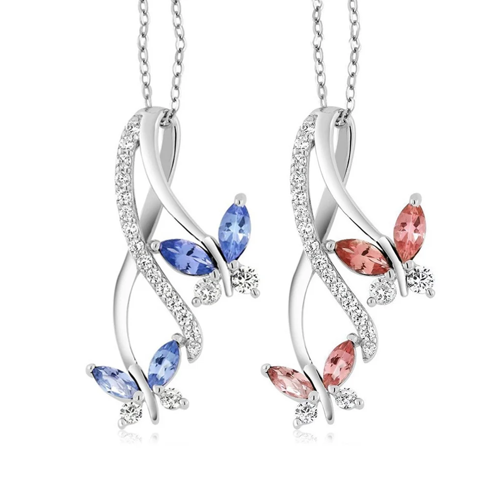 

Elegant Simple Blue Crystal Zircon Butterfly Necklace 6 Color Gem Stone Pendant Necklace For Women Valentine's Day Gift