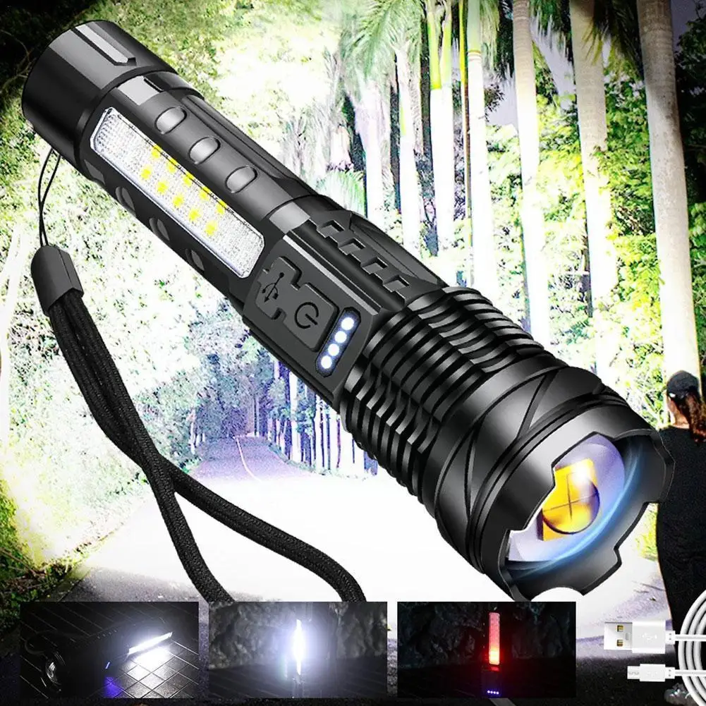 

Emergency Flashlight Xh-p50 High Power Emergency Tactical Source Battery Dual Light T6+cob Light Rechargeable Built-in O0m4