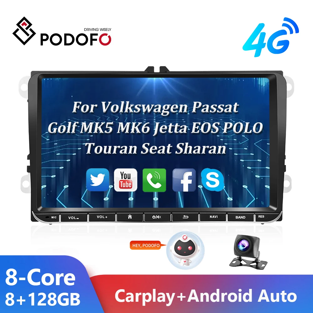 Podofo 2 Din Android 10 0 автомобильное радио 9 ''GPS с Carplay для VW/Volkswagen Passat Golf MK5 MK6 Jetta EOS POLO