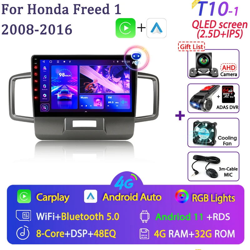 

Автомобильная магнитола на Android 11, 2 Din, мультимедийный проигрыватель с GPS, 4G, DVD, для Honda Freed 1 Спайк 2008-2016, типоразмер 2 Din