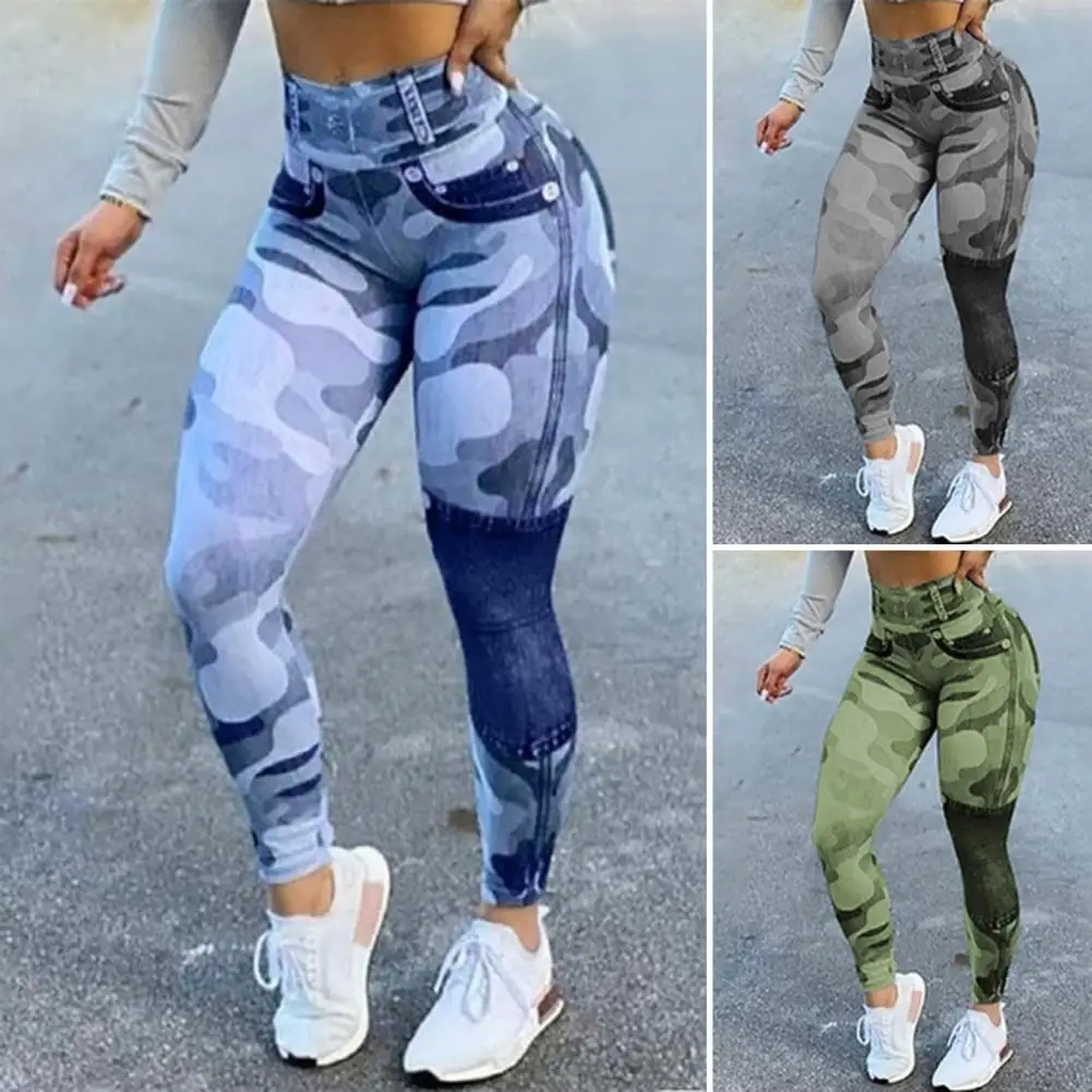 faux denim trousers Minimalistic Camouflage Faux Denim Women Slim Yoga Pants Universal Pockets Women Trousers jogging