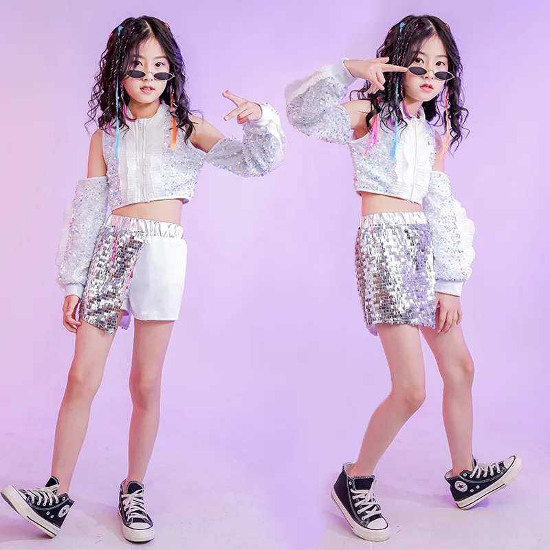 

Children Hip Hop Jazz Dance Performance Clothing Sequins White Girls Carnaval Costumes For Kids Street Dance Walk Show Outfit