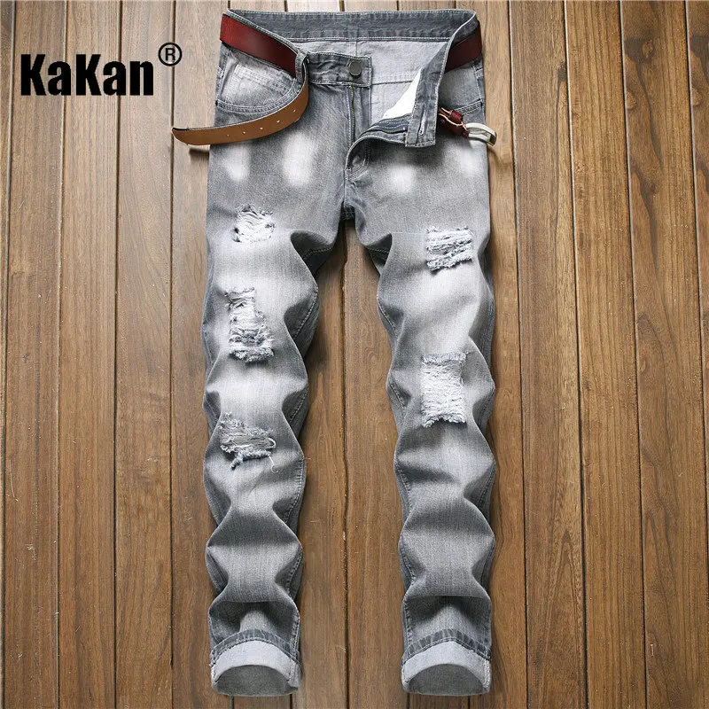 Kakan - New European and American Distressed Straight Leg Jeans for Men, Washed Youth Grey Casual Long Jeans K44-871