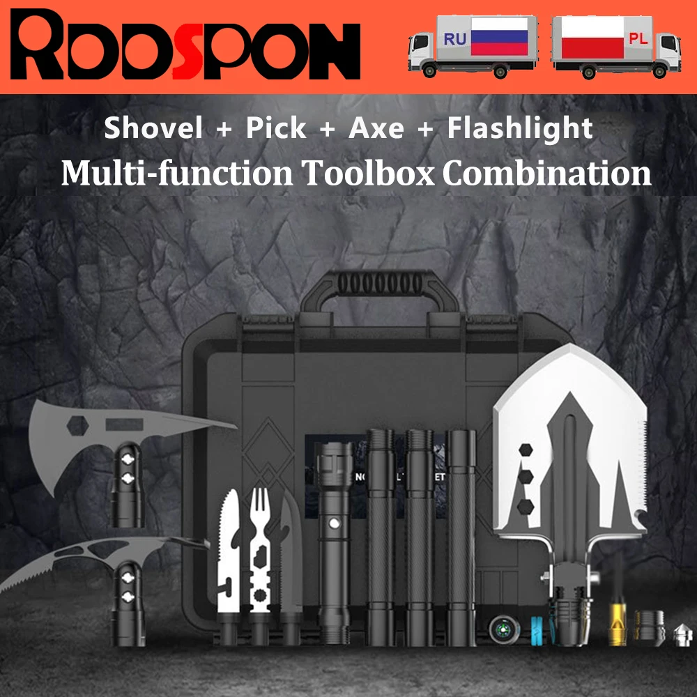 RDDSPON Multipurpose Military Shovel for Outdoor Survival Multipurpose Axe Pickaxe Shovel Compass & Flashlight Camping Tool Set
