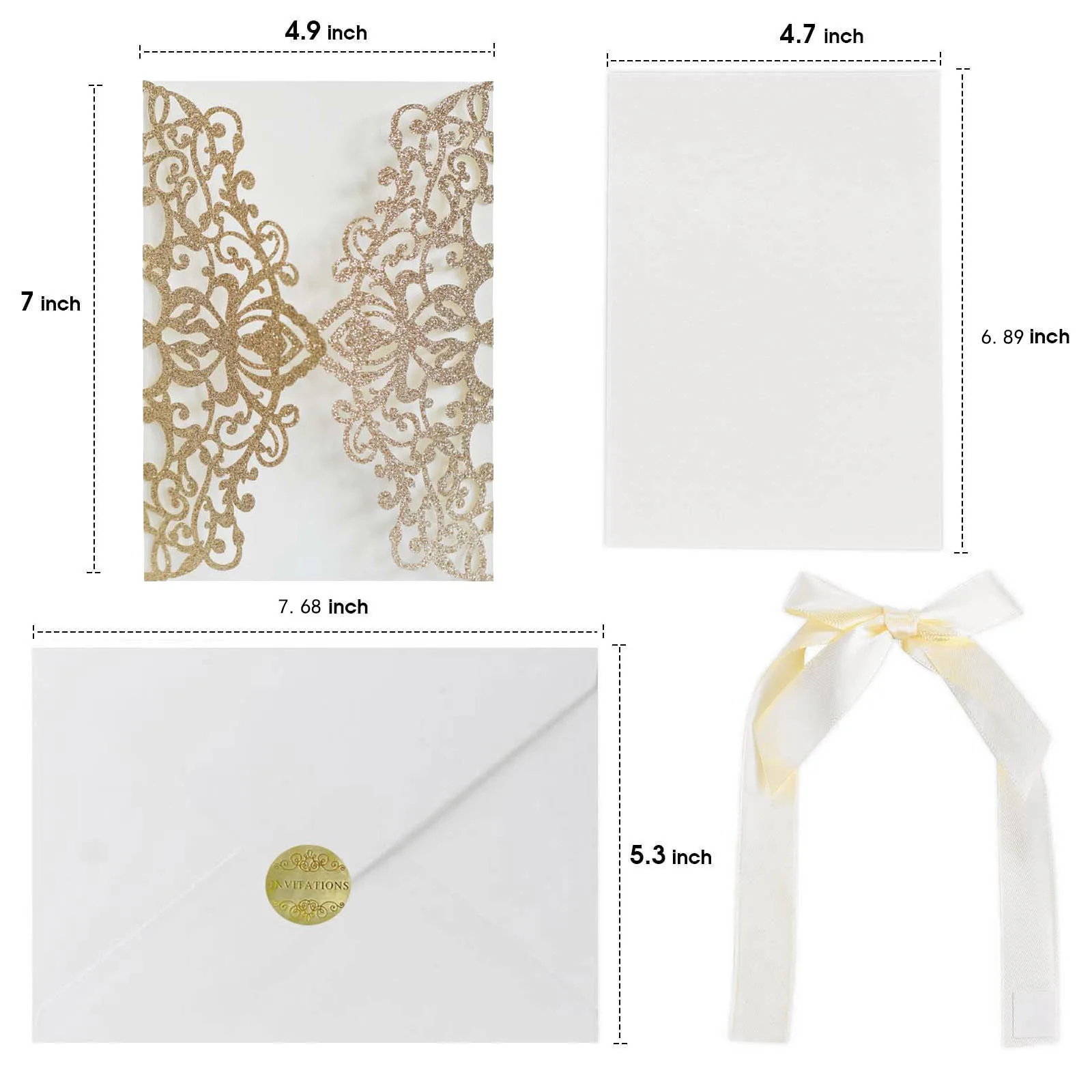 

10/50Pcs Glitter Floral Wedding Invitation Cards with Envelope Blank Inner Sheet Ribbon for Wedding Bridal Shower Party Invite
