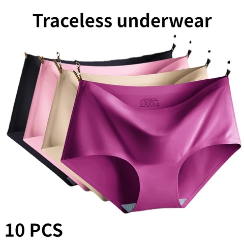 10PCS Women's Panties Solid Seamless Underwear Plus Size Comfortable Briefs Silk Satin Lingerie Health  trackless UnderpantsIce