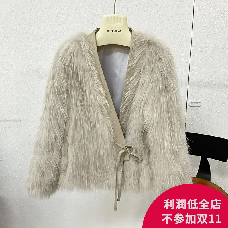 

Raccoon Dog Hair Woven Car Strips Fur Short Women's 2022 Winter Haining New Fashion Slim Young Lace up Coat