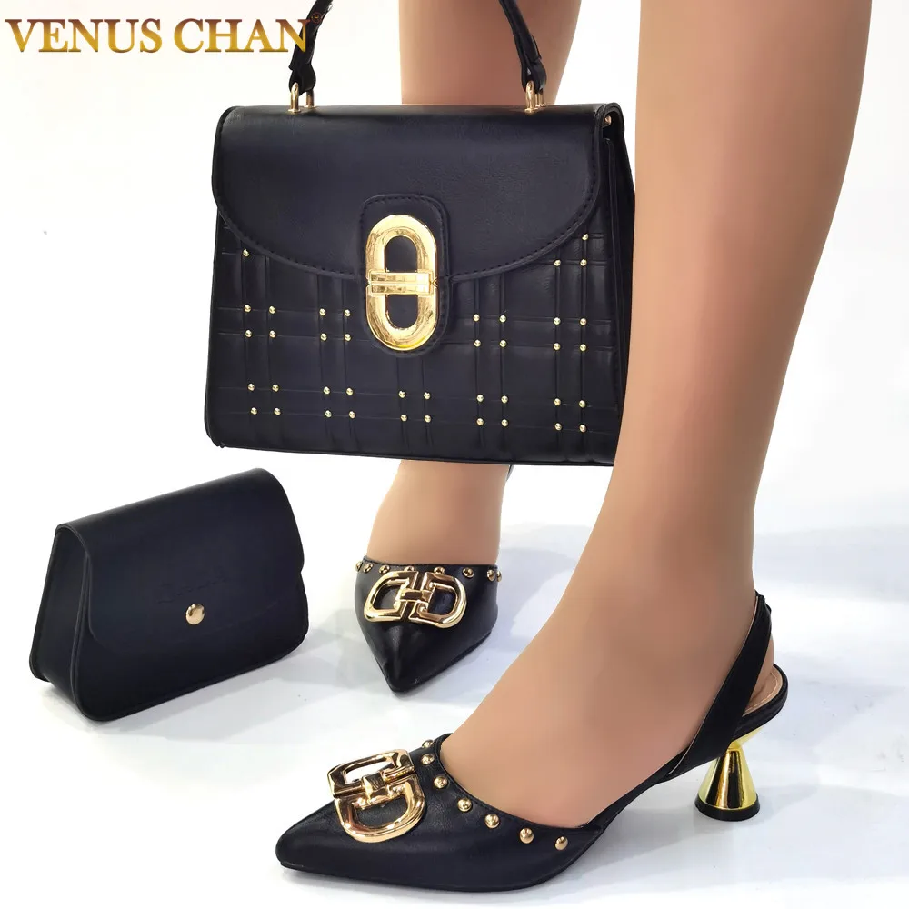 

Venus Chan 2023 Slingback Pumps Match Hand Bag in Black Color Think Heels High Quality New Design for Christmas Party