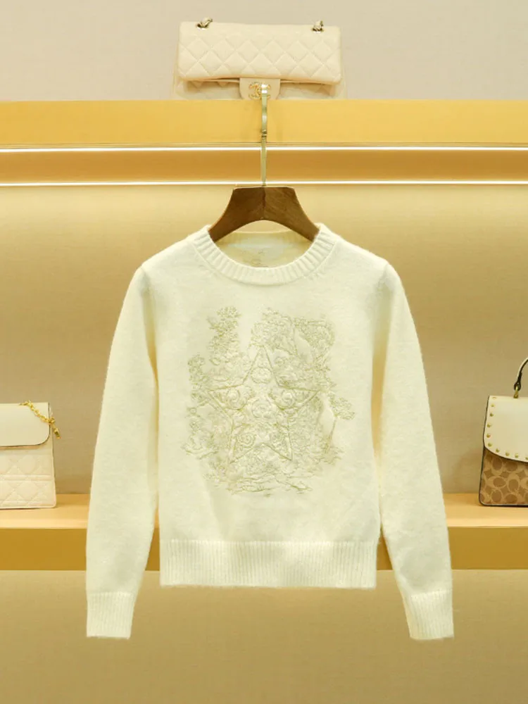 

Designer 2022 Fall And Winter Women's Temperament With Round Neck Wool Gold Thread Embroidery Knitted Tops