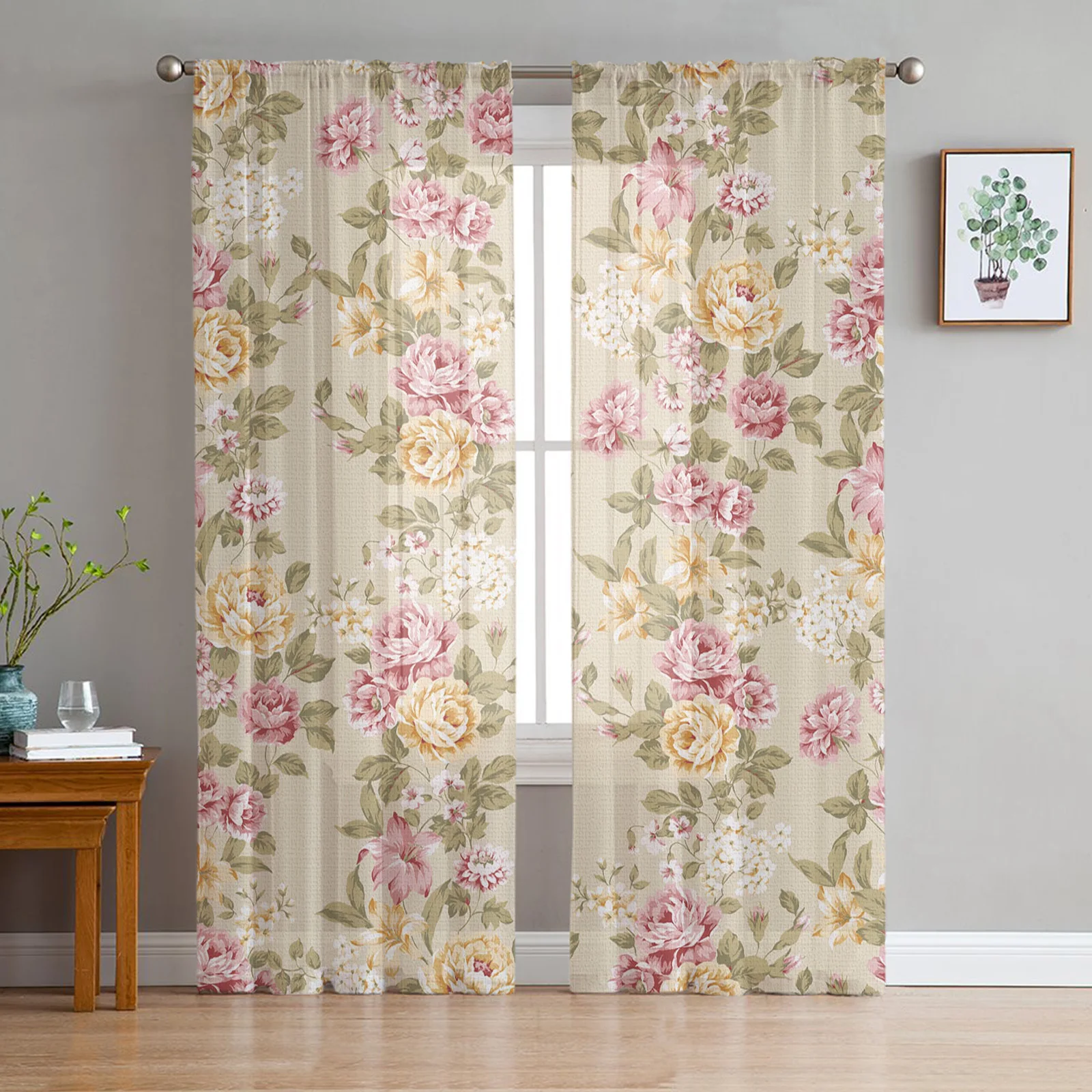 

Bouquet Rose Flowers Yellow Pink Tulle Sheer Curtains for Living Room Decoration Drapes Bedroom Kitchen Voile Window Curtain