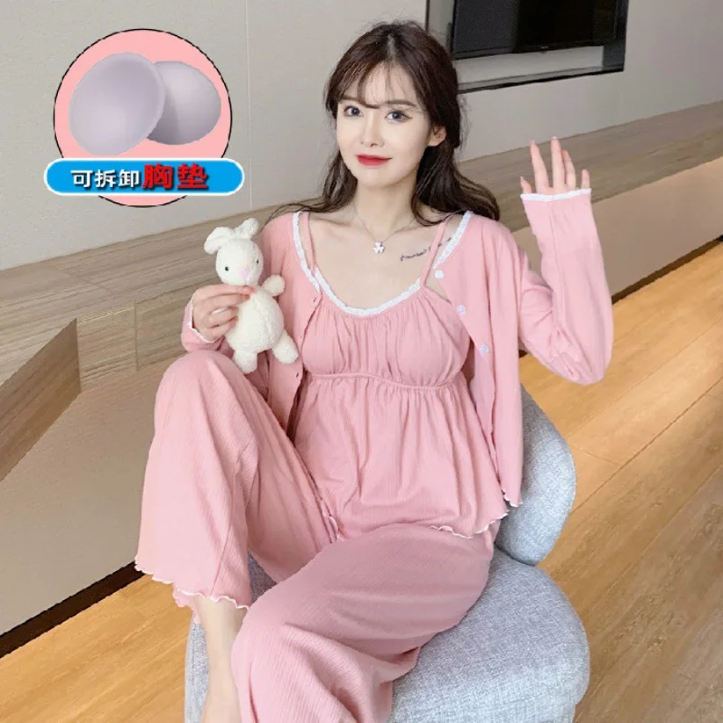 Spring Autumn French Style With Chest Pad Women Simple Pajamas Set Sexy Sling Three-piece Home Clothes Suit