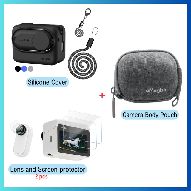 aMagisn AG08-A Black Silicone Body Cover + Body Bag Pouch + 2x Lens + 2x screen film for Insta360 GO 3