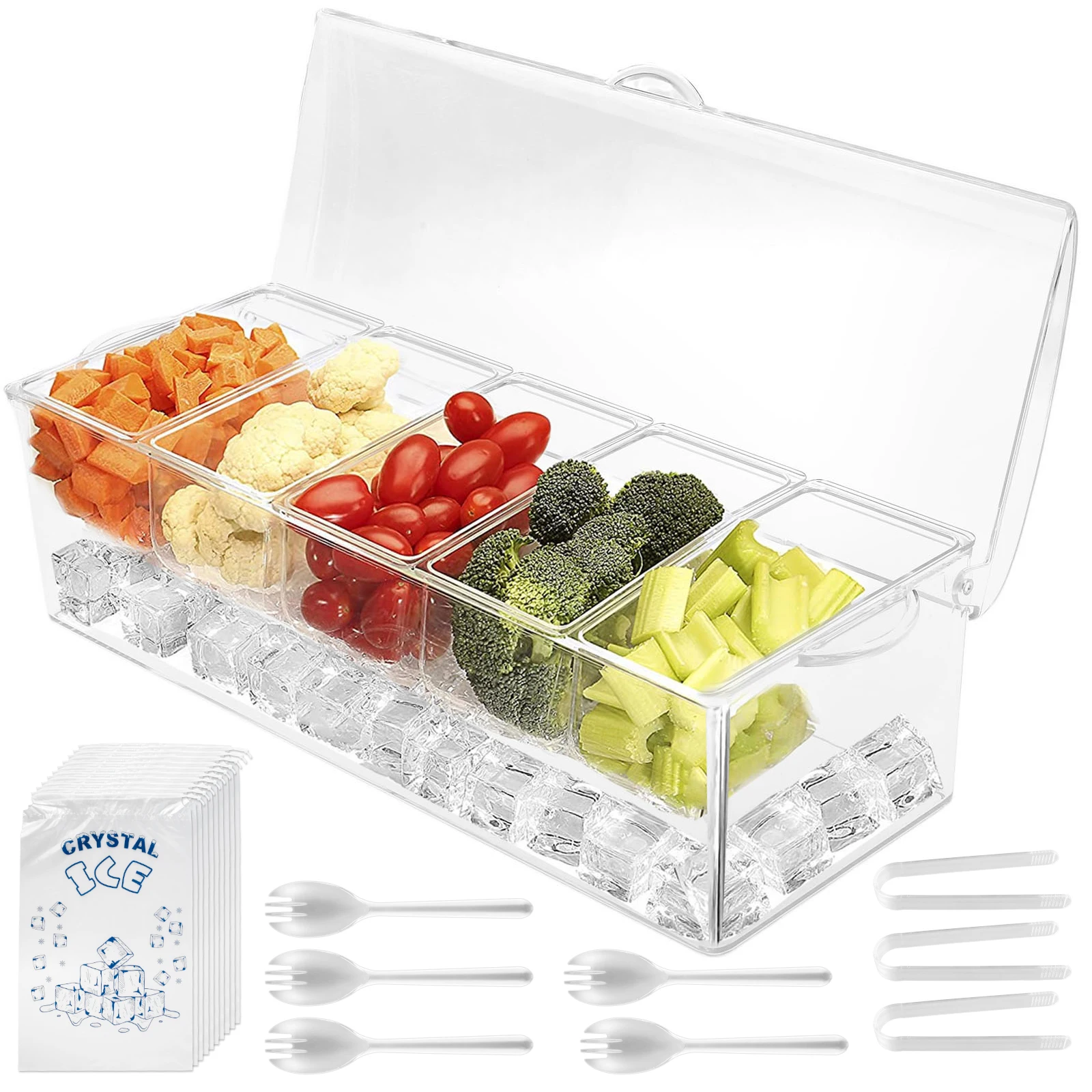 

Chilled Condiment Server with 5 Removable Compartment Clear Garnish Tray with Lid Reusable Chilled Serving Caddy Ice Party