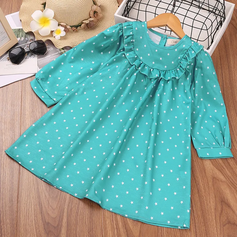 

Girls' Dress 2022 Autumn New Printed Long Sleeve Children's Princess Dress Green Printing Long Dress Flower Girl Dresses