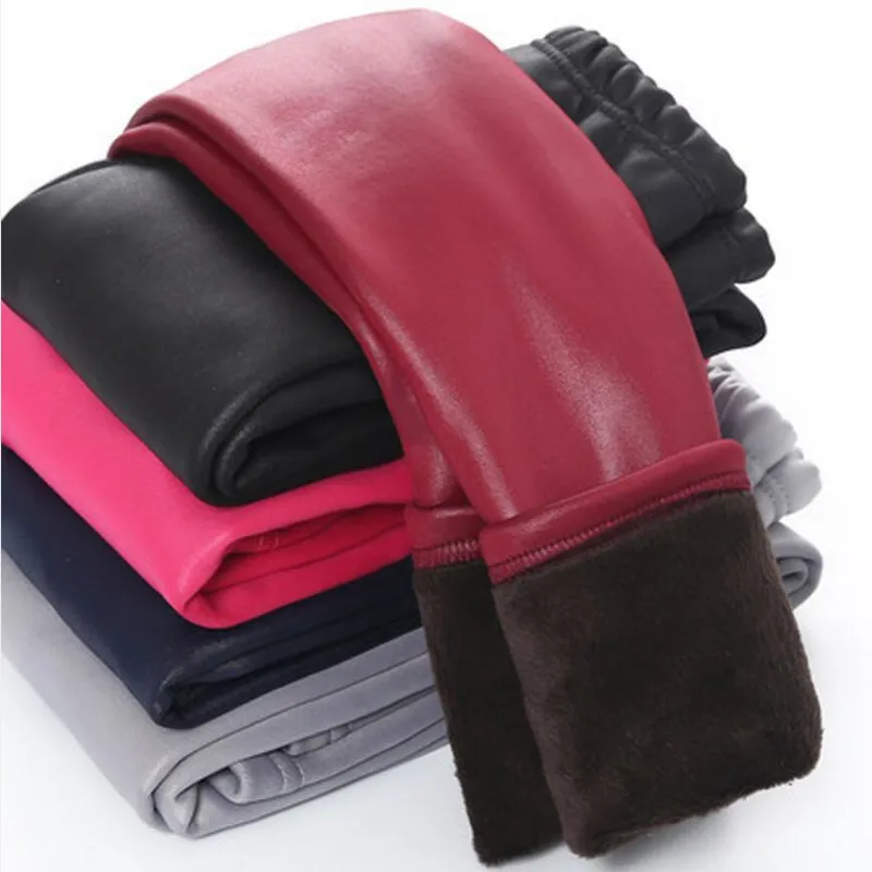 

Children Thickened Pu Elastic Waist Warm Leather Kidsleggings Long Versatile Pants