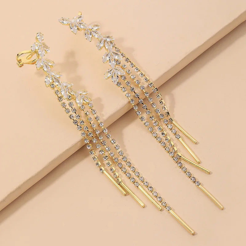

European and American Women's Zircon Rhinestone Olive Branch Ear Clip One-Piece Long Tassel Earrings Ins Earrings