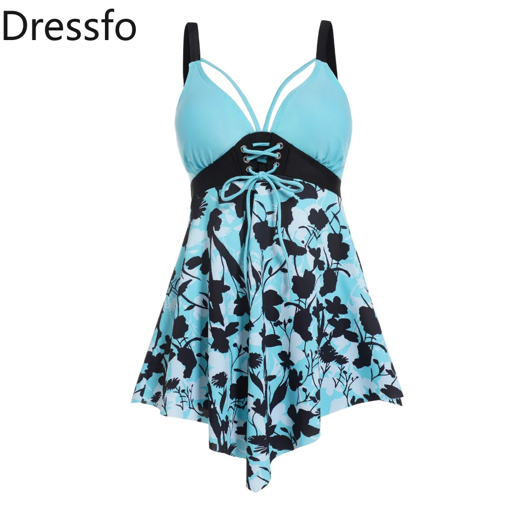 

Dressfo Contrasting Leaf Print Tummy Control Tankini Swimsuit Lace Up Plunge Asymmetric Two Piece Swimwear High Waist Bathing