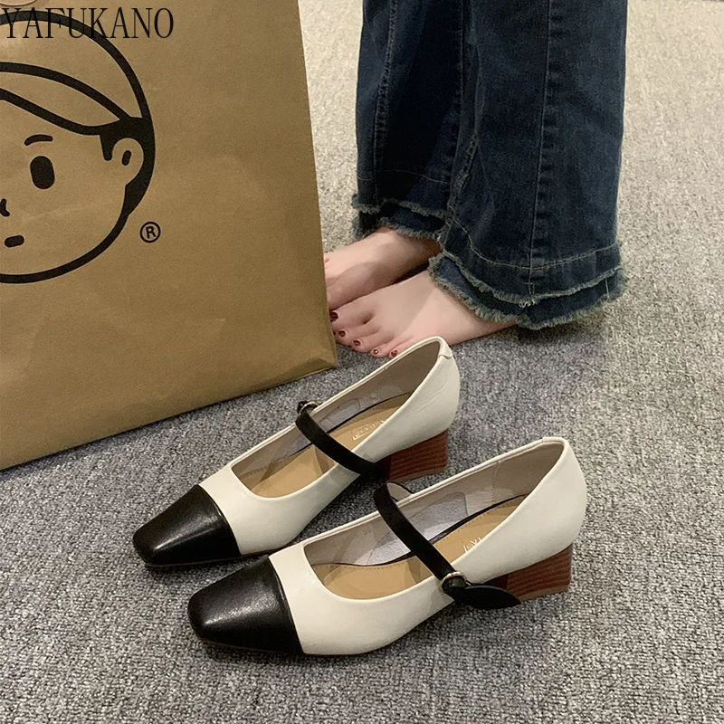 

Туфли-лодочки женские на квадратном каблуке, кожаные туфли-лодочки, квадратный каблук средней высоты, двухцветные, в стиле ретро, туфли-лодочки, французский стиль, Мэри Джейн