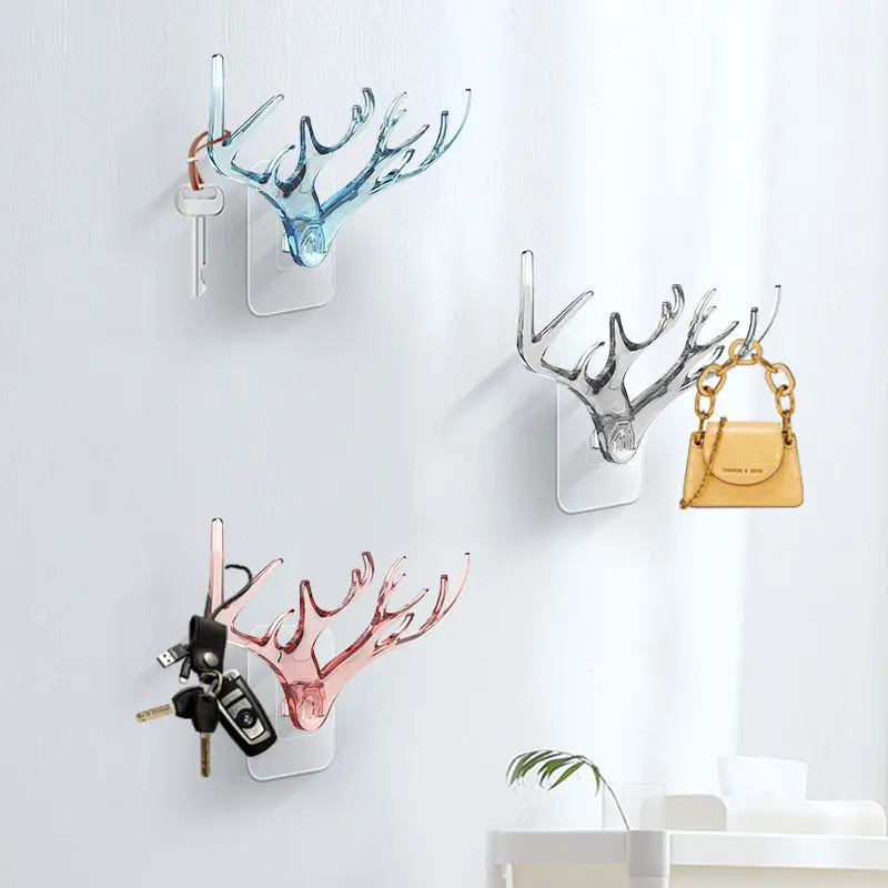 

Wall Hanging Hook Deer Antler Rack Hook Plastic Bathroom Hook Free Punch Key Holder Transparent Sticky Hook Wall Decoration