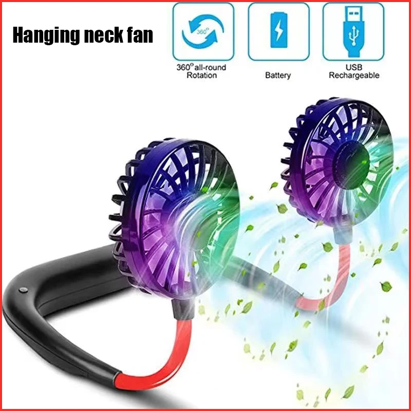 

USB Outdoor Sports Hanging Neck Fan Portable Leafless Mini Fan Hands Free Lazy 360° Free Rotation Electric Fan 3-Speed Adjust