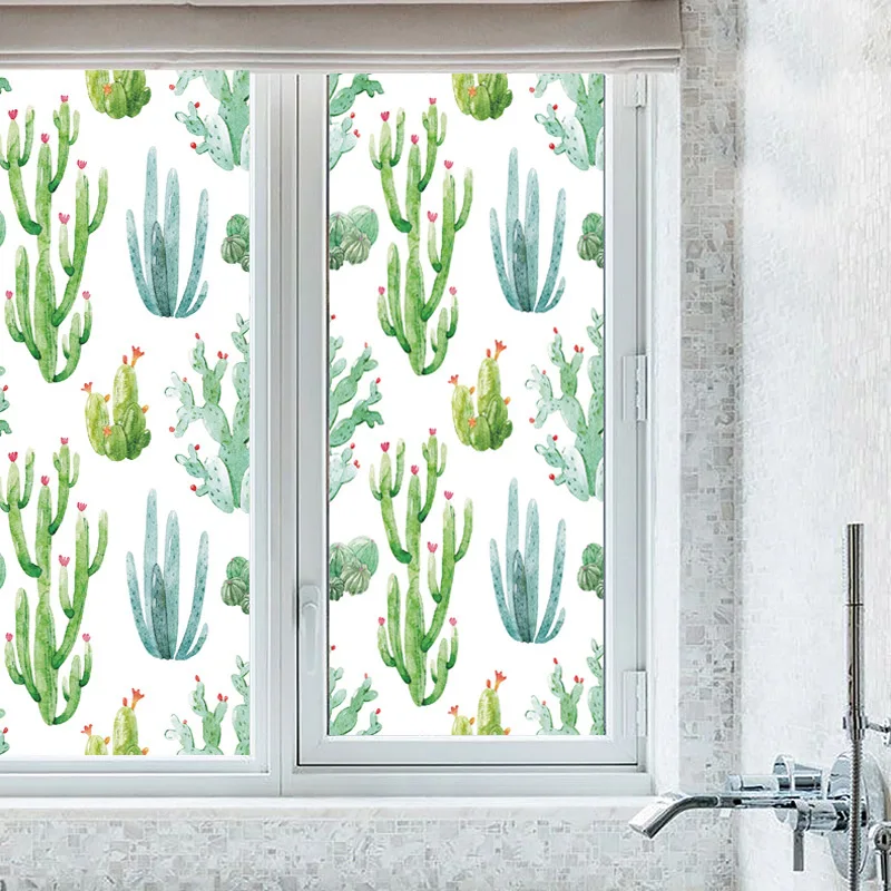 

Nordic Fresh PVC Static Glass Sticker, Green Plant Flower Adhesive Free Window Sticker, Removable Frosted Glass Sticker