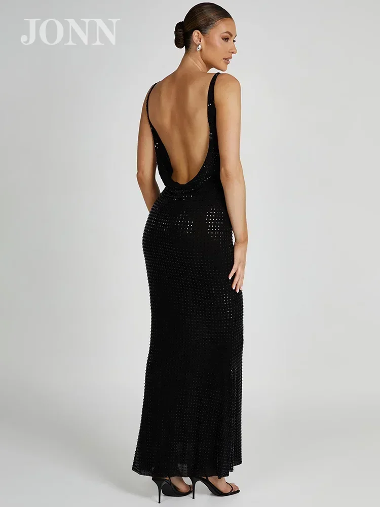 JONN сексуальное прозрачное черное сетчатое платье с открытой спиной женское