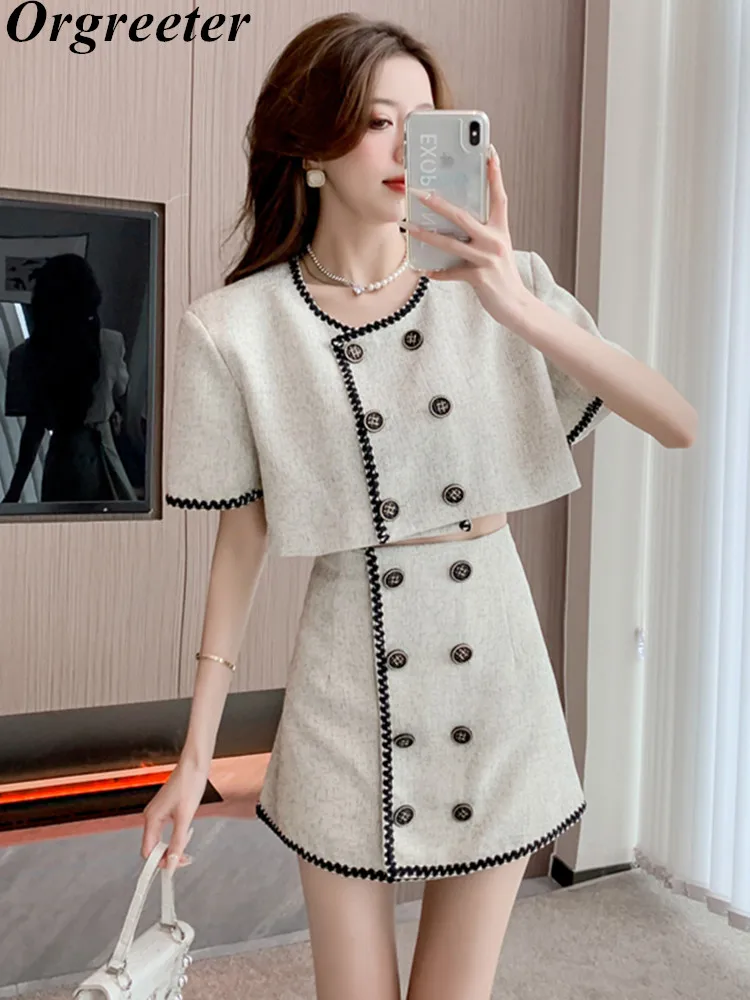 

Женский винтажный костюм из двух предметов, летний комплект из двух предметов: укороченный двубортный пиджак и мини-юбка