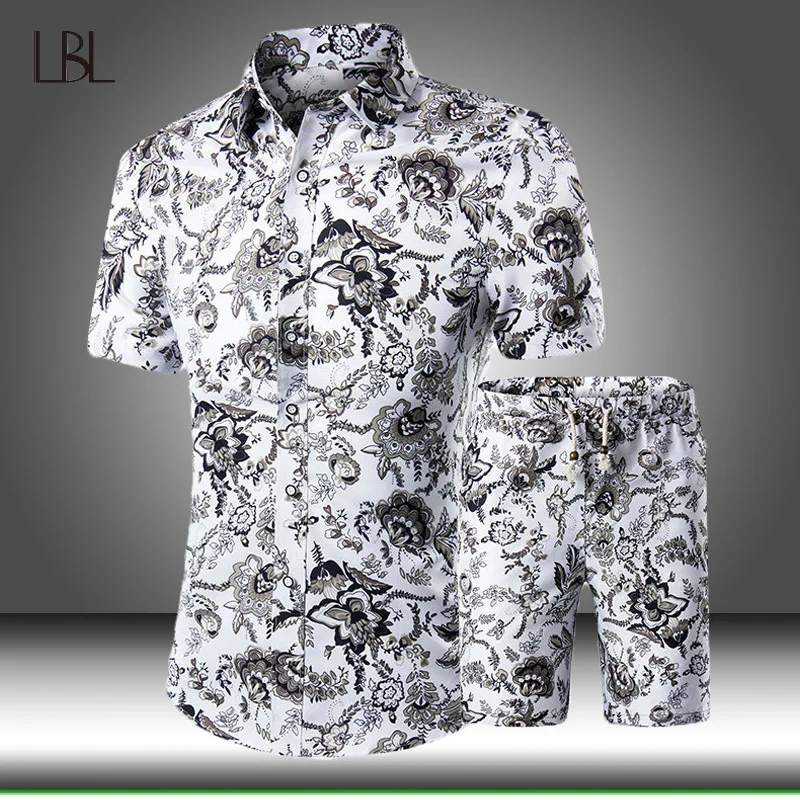 

Summer Men's Hawaiian Apparel Floral Print Fashion Casual Activewear T-Shirt + Shorts Set