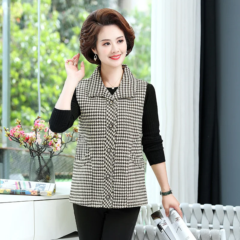 

#0765 Ladies Plaid Vest Spring Women Outerwear Pocket Slim Sleeveless Jacket Lapel Collar Buttons Vest Elegant Female Waistcoat
