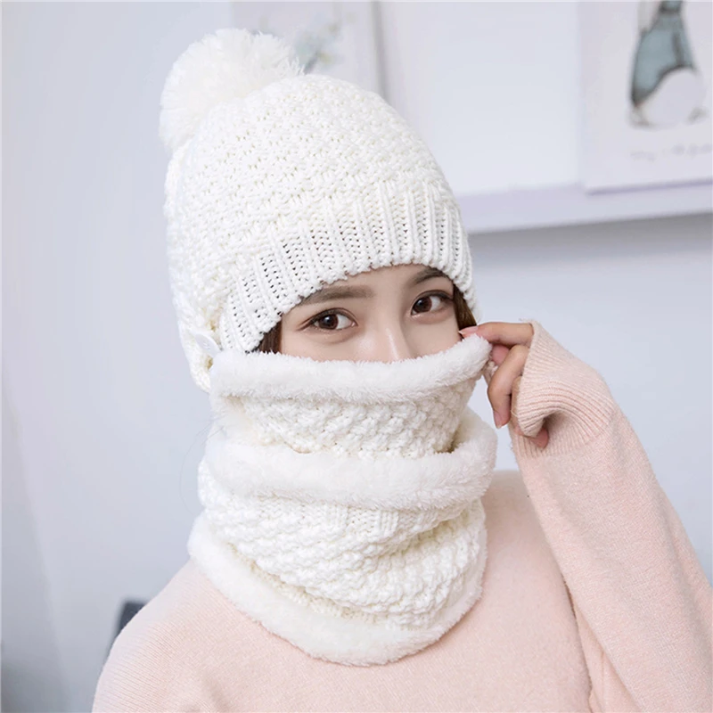 

Комплект из 3 предметов, шапки, женская зимняя шапка, шарф, маска, набор для женщин, теплые шапки для девочек, шарф, помпоны, вязаные шапки и шарф-маска