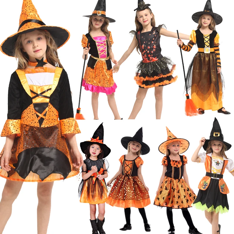 

Halloween Princess Dress Fancy Pumpkin Bag Dress Kids Cosplay Bat Print Witch Costume Festival Party Ball Gown Children