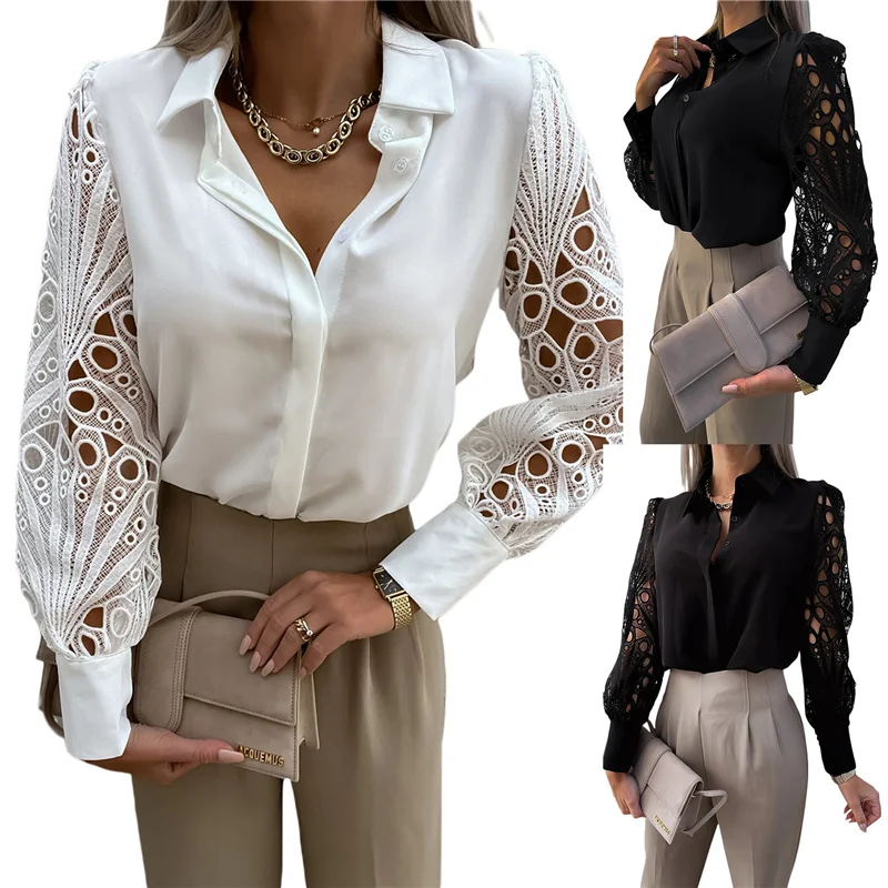 

Women\u2019s Casual Long Sleeve Shirt Fashion Solid Color Hollow Out Lace Stitching Lapel Button Blouse Tops, White/Black