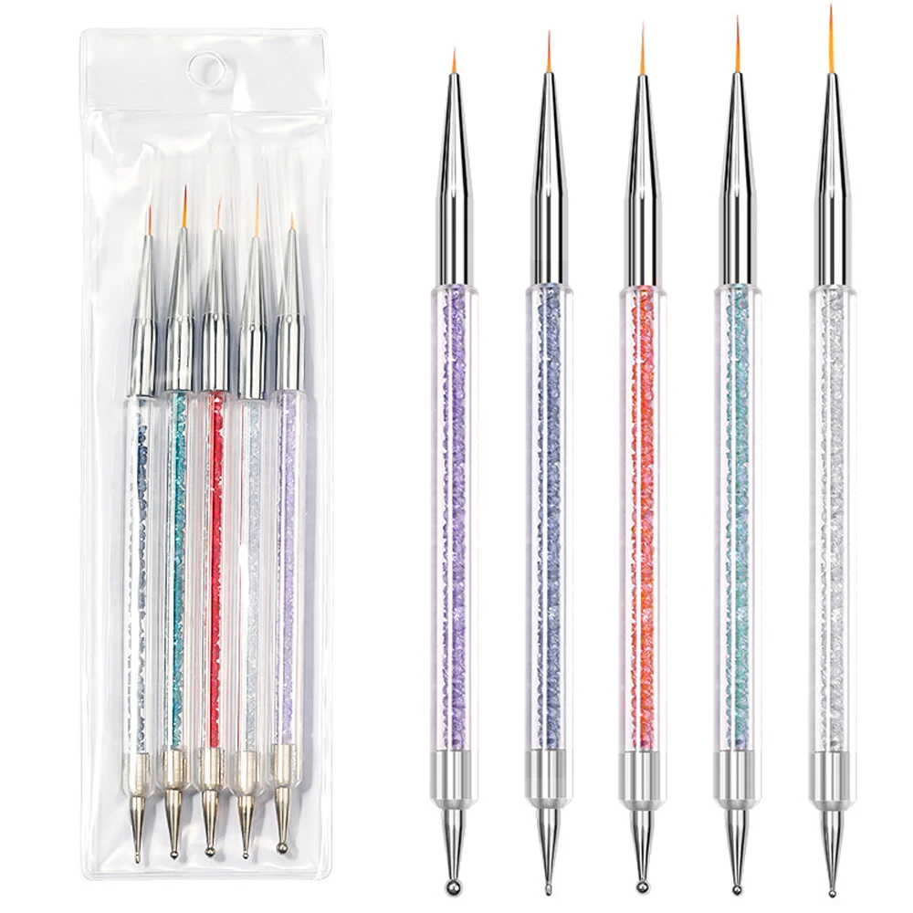 5Pcs/Set Dual End Nail Art Dotting Pen Acrylic Drawing Liner Flower Brush Rhinestone Crystal UV Gel Painting Manicure Tools GJ84