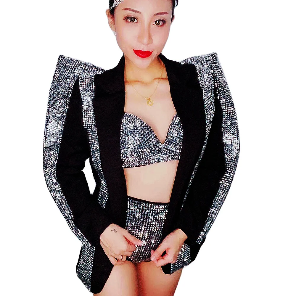 Блестящий сексуальный костюм стразы бикини женский модный для показа сцены