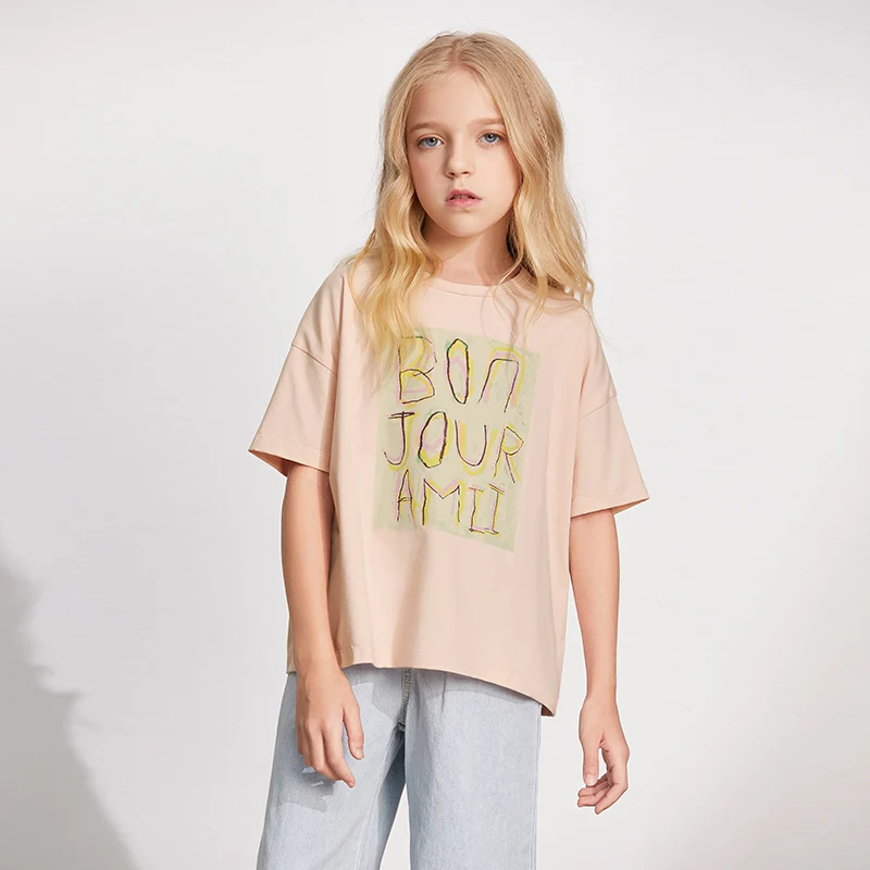 Детские свободные футболки Amii для девочек, летние хлопковые топы с надписью, футболки, детская одежда 22160017