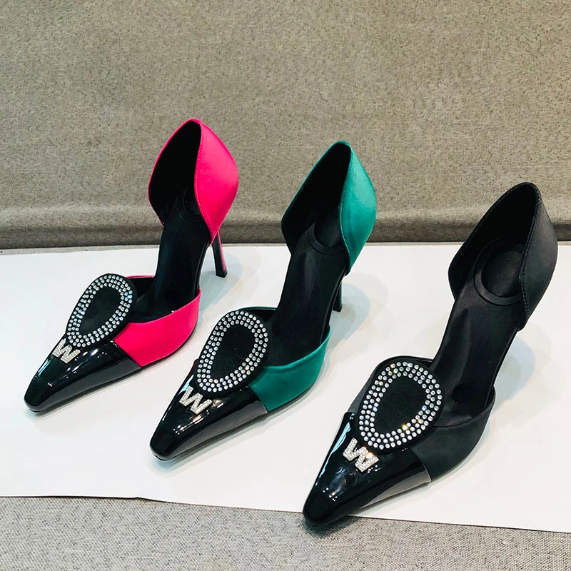 Women's Hollow Sandals 2023 Spring and Autumn New Color Block Letter Water Diamond Small Square Head High Heel Banquet Shoes