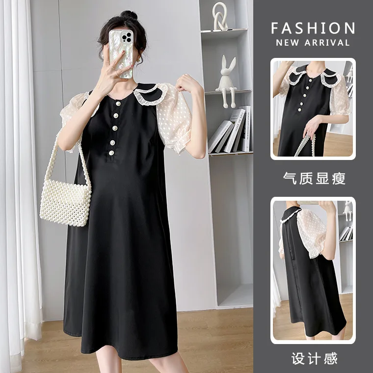 

Maternity Wear Summer Fashion Mommy Temperament Doll Collar Simple Korean Style Short-sleeved Dress Loose Casual Black All-match