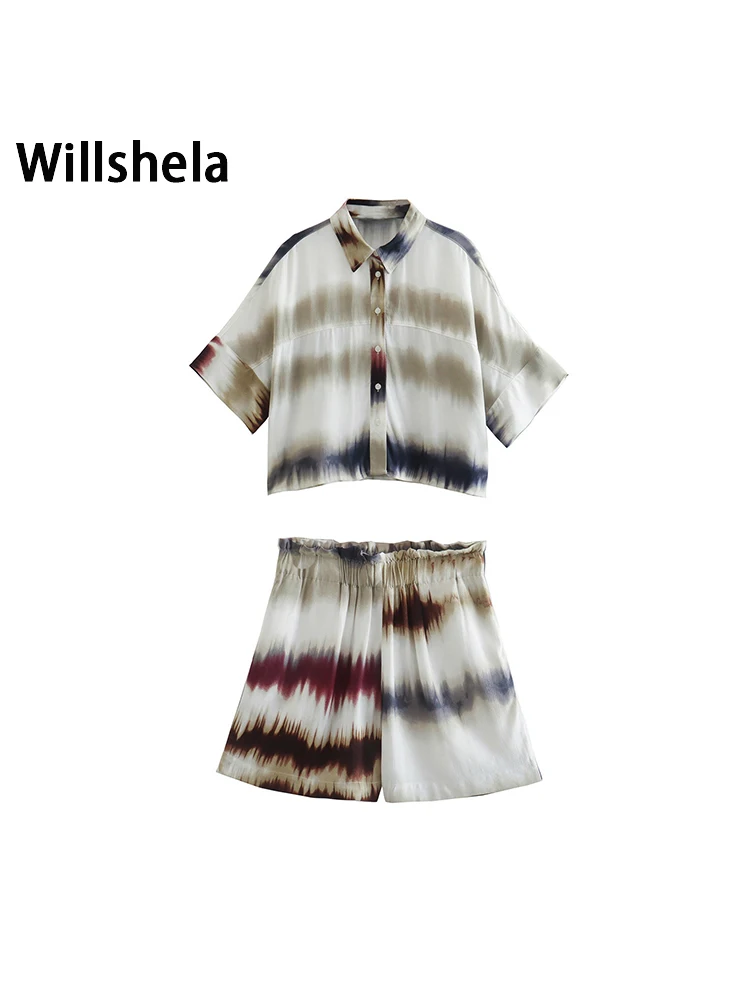 

Willshela Women Fashion 2 Piece Set Tie Dye Printed Single Breasted Blouse & Vintage High-Waist Shorts Chic Lady Shorts Sets