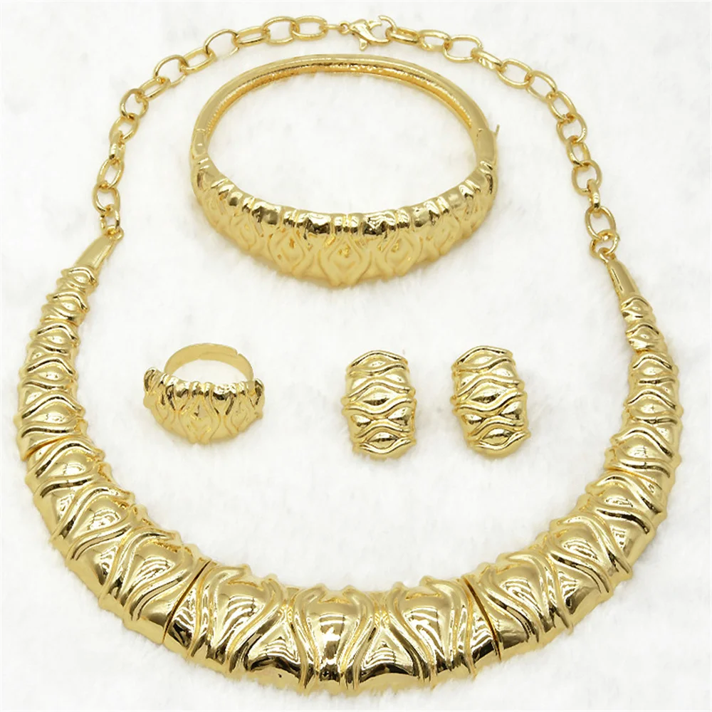 

Dubai Design Luxury Gold Color Jewelry Set For Woman Nigeria Bridal Necklace Earring Bracelet Ring Set Wedding Party Gift