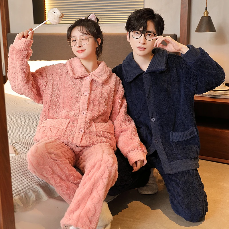 Winter Warm Couple Pajamas Man Women Fashion Thick Sleep Wear Solid Color Home Clothes Sleepwear