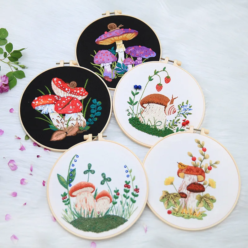 Kit Printed Mushroom Pattern Beginner Flower Cross Stitch Set Needlework Hoop Handmade Sewing Art Craft