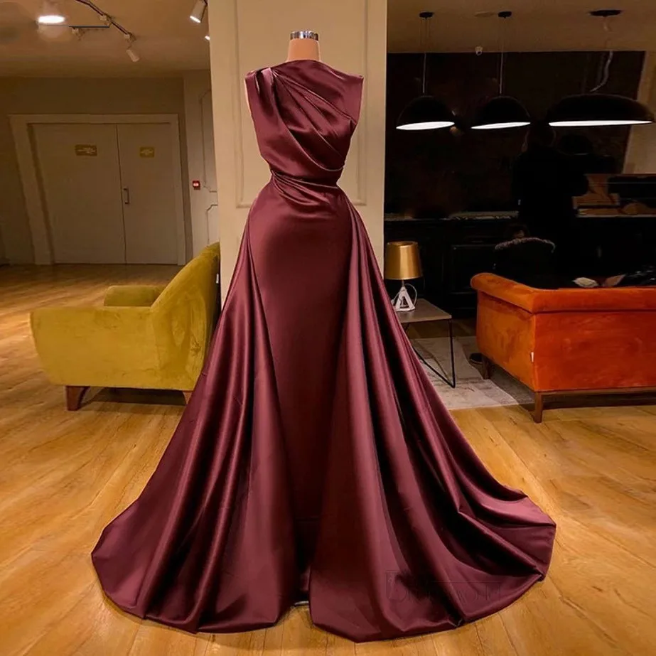 

Burgundy Moroccan Kaftan Muslim Evening Gowns Pleat Satin Arabic Mermaid Dubai Formal Dress Long robes de soirée فساتين السهرة