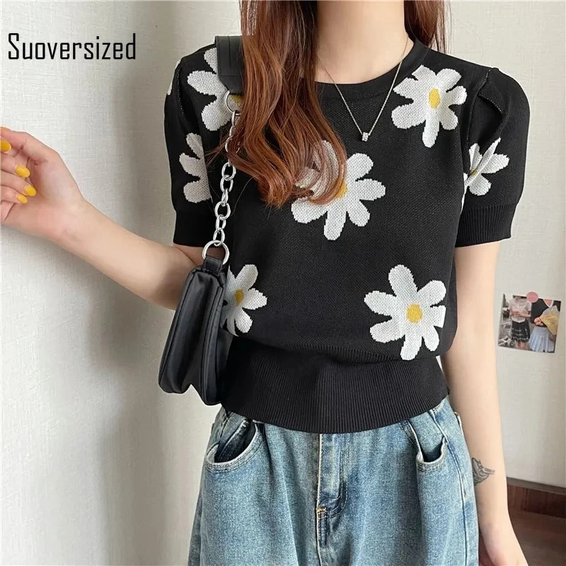

Summer Women Floral Knitted O-neck Short Sleeve Tees Ladies Elasitc Waist Streetwear Chic Tops Female Casual Design Cute Clothes