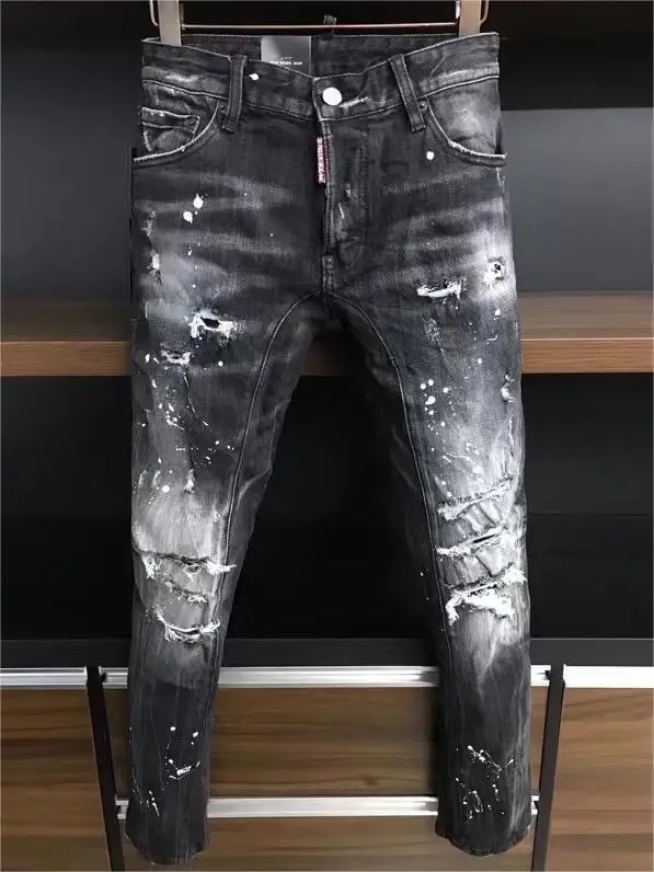 

2023 new fashion tide brand men's washing worn out torn paint locomotive jeans A379